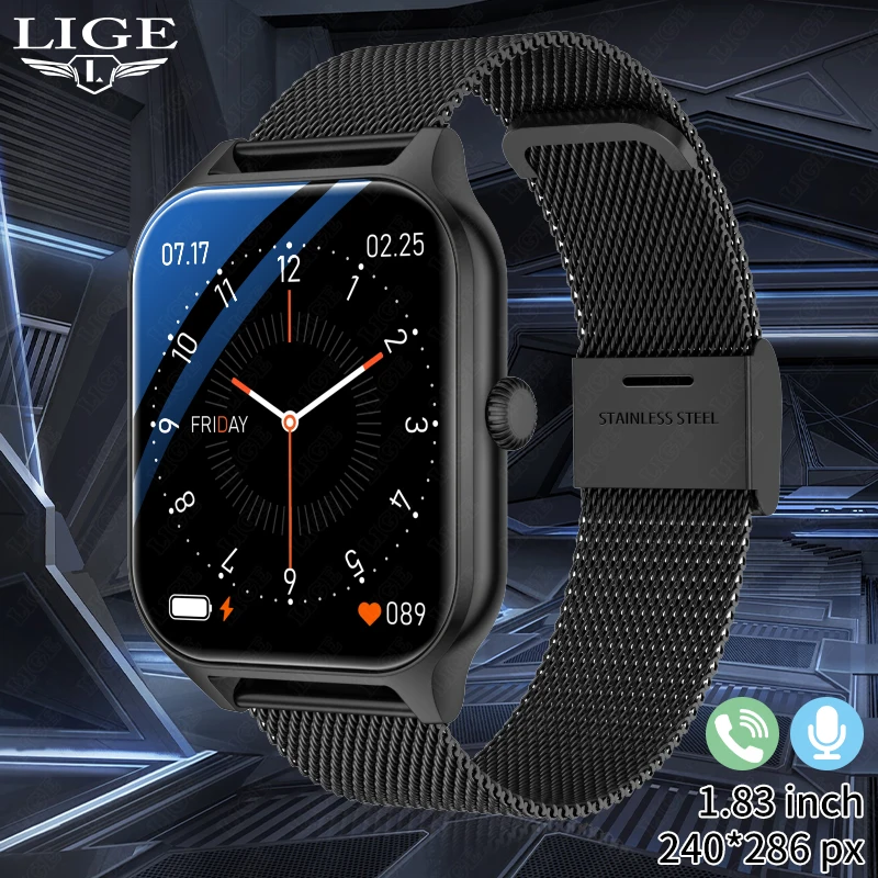 

LIGE Smartwatch 2023 Android and iOS Men Smart Watches Bluetooth Call Fitness Watch Full Touch HD Screen Free Shipping, Black