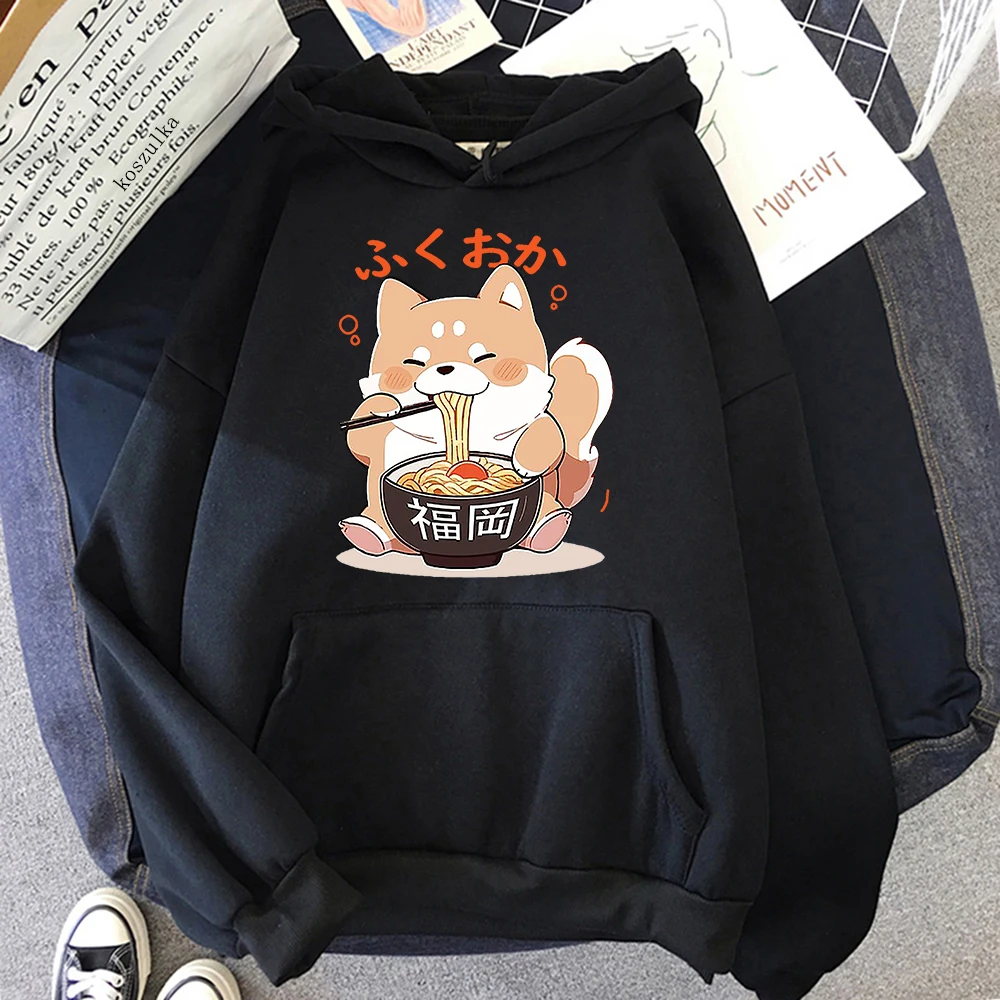 Shiba Inu Enjoying Ramen Hoodie Women Kawaii Harajuku Hoodies Unisex Autumn Winter Cute Aesthetic Graphic Pullovers Sweatshirts