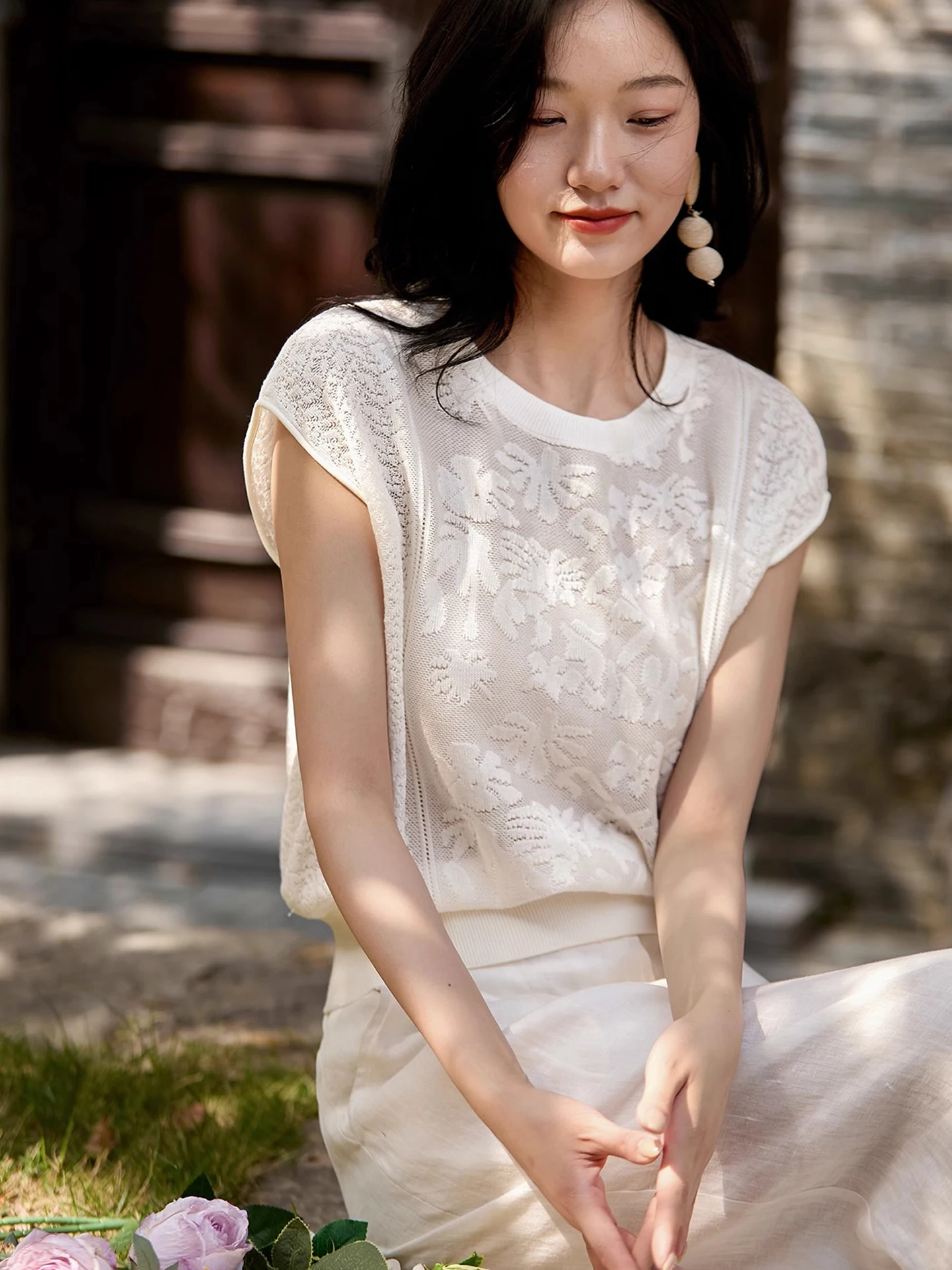 Slimming Hook Design round Ne ort Sve Knitted Top Women's Faionable Versatile Summer Lazy Sle  Color Commute