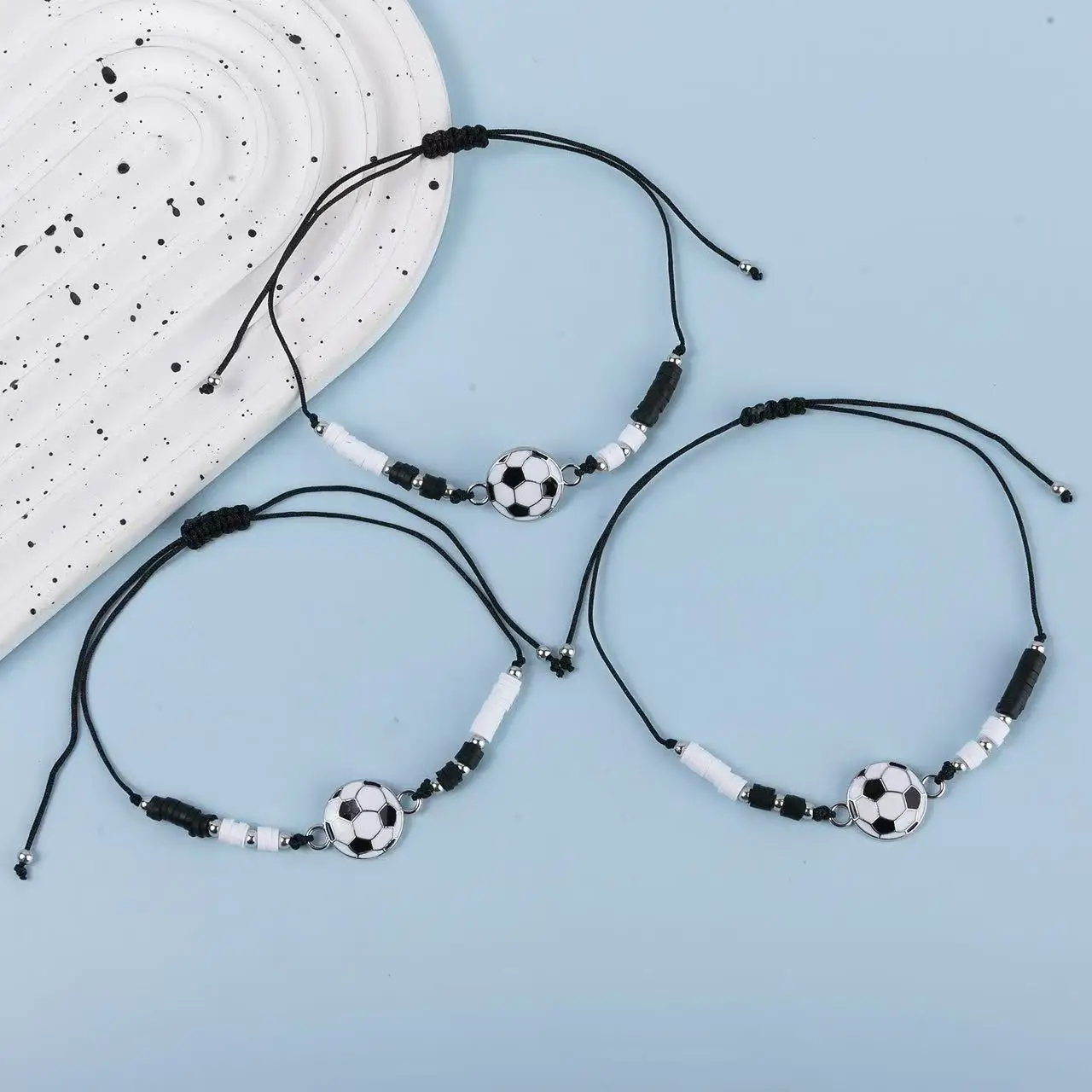 12 Pieces/Set Alloy Football Soft Ceramic Crystal Bead Bracelet Fashionable Boys and Girls Sports Adjustable Bracelet