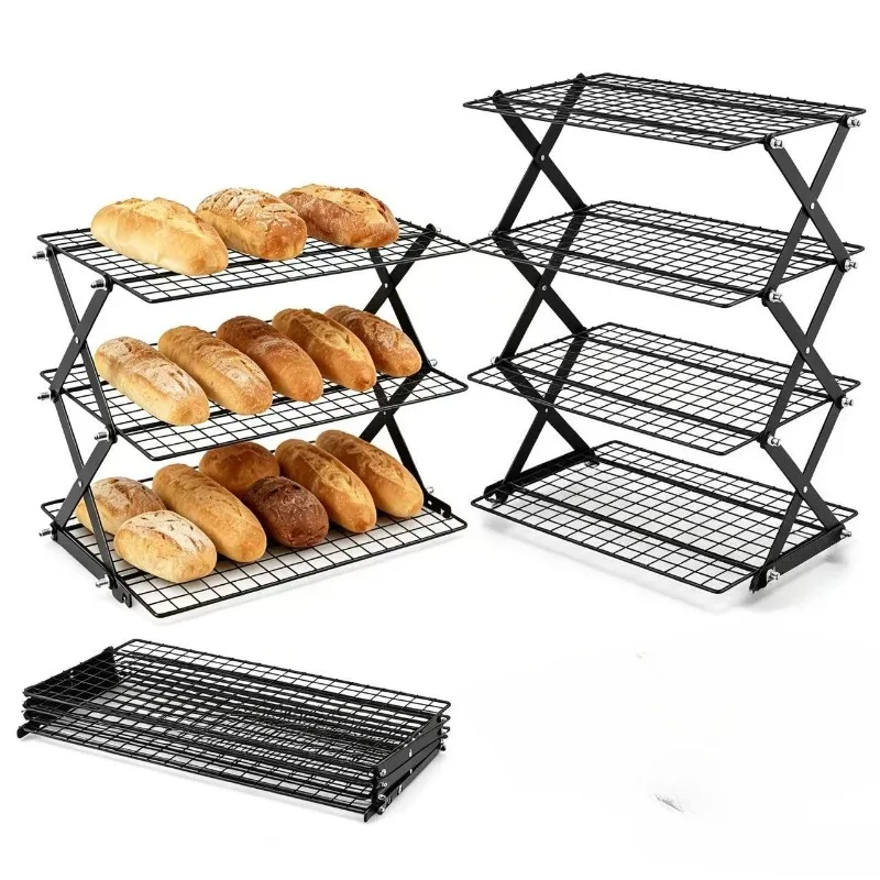 3/4-Tiers Cooling Rack for Baking & Cooking, Collapsible & Space-Saving Baking Wire Rack Adjustable Tiers for Cakes, Cookies