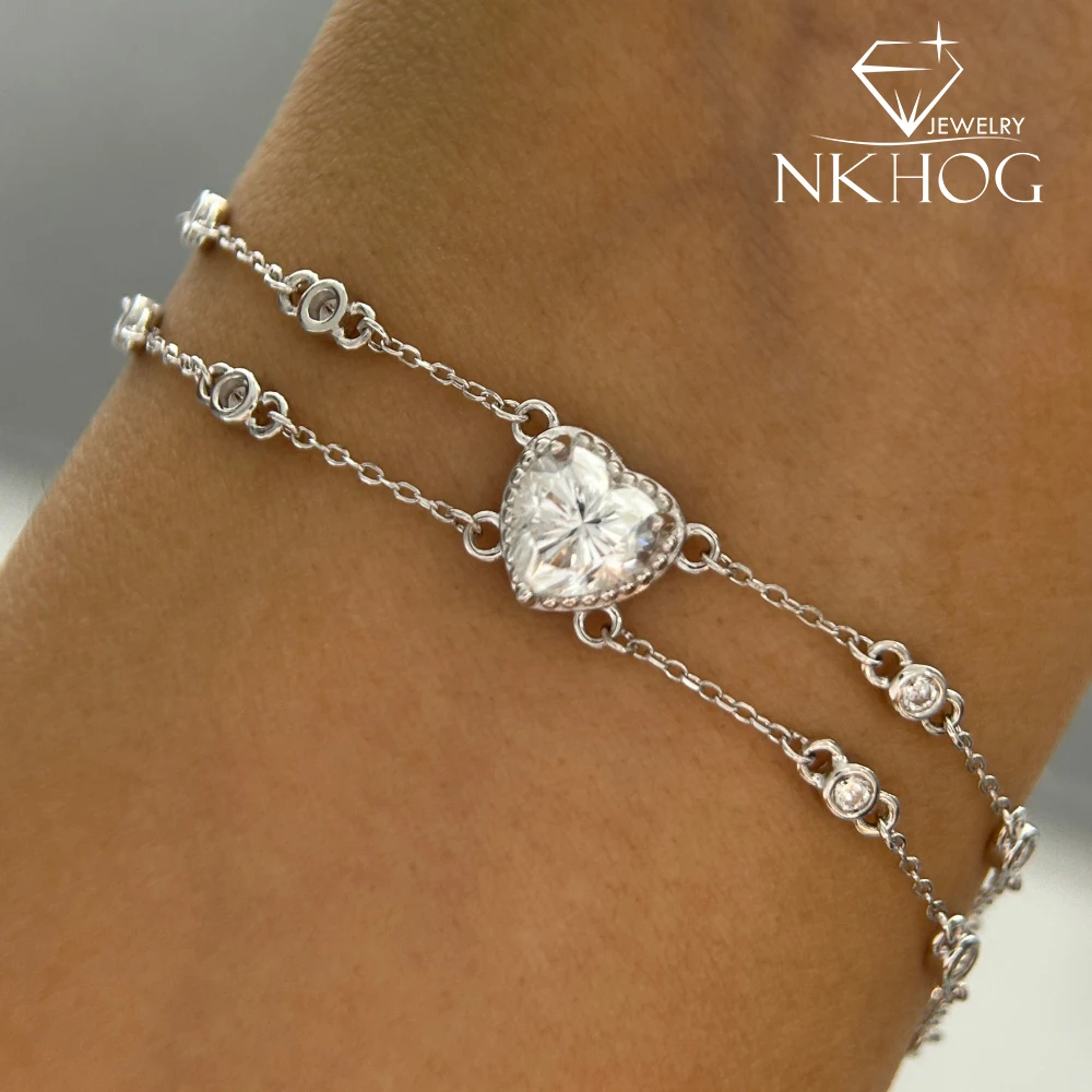 NKHOG Full Moissanite Bracelet For Women 925 Sterling Silver Sparkling Heart/Oval Lab Diamond Party Hand Chain Fine Jewelry Gift