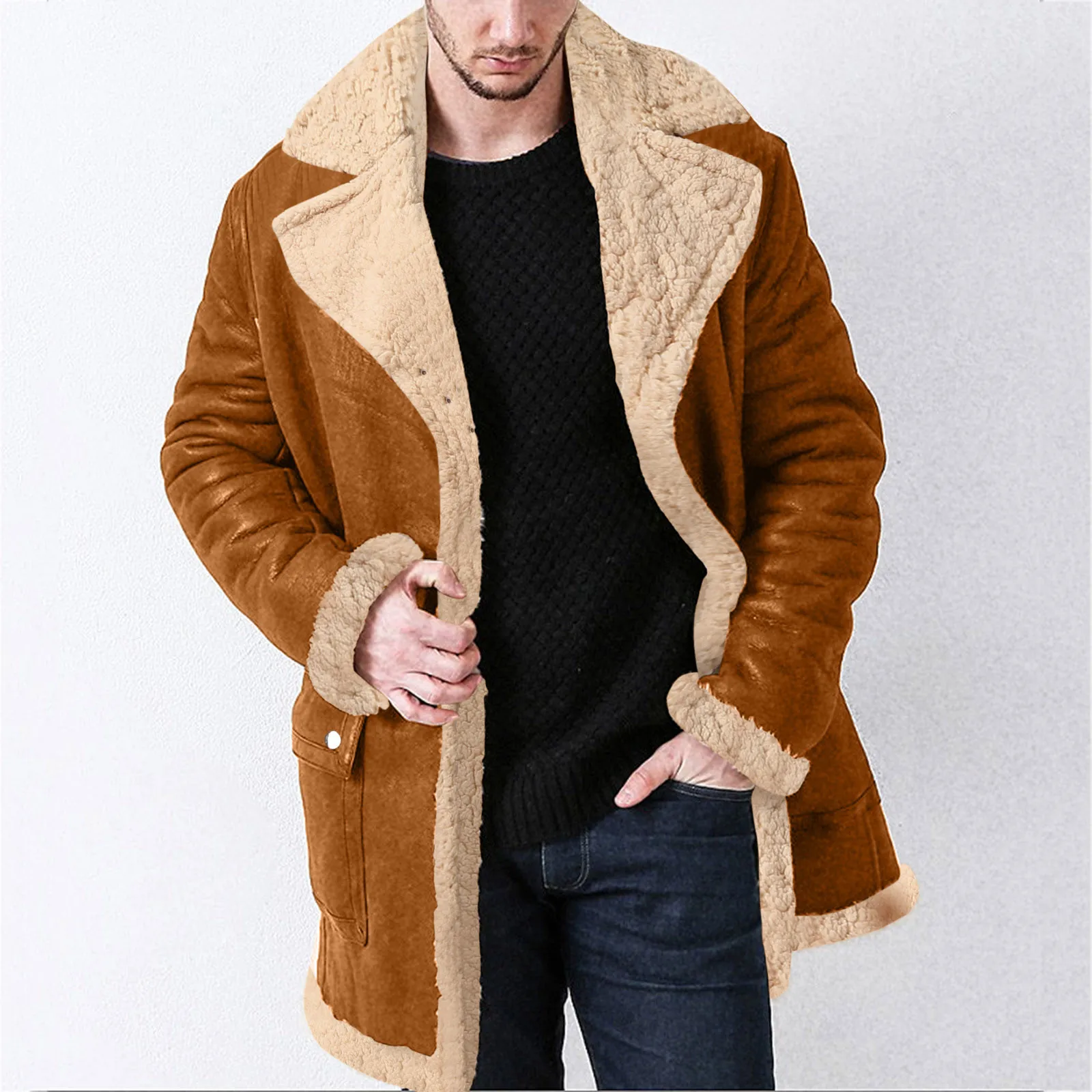 

Vintage Fuzzy Leather Jacket Men Oversized Turn Down Collar Coat Winter Thick Warm Parka Solid Color Thermal Cardigan Overcoat