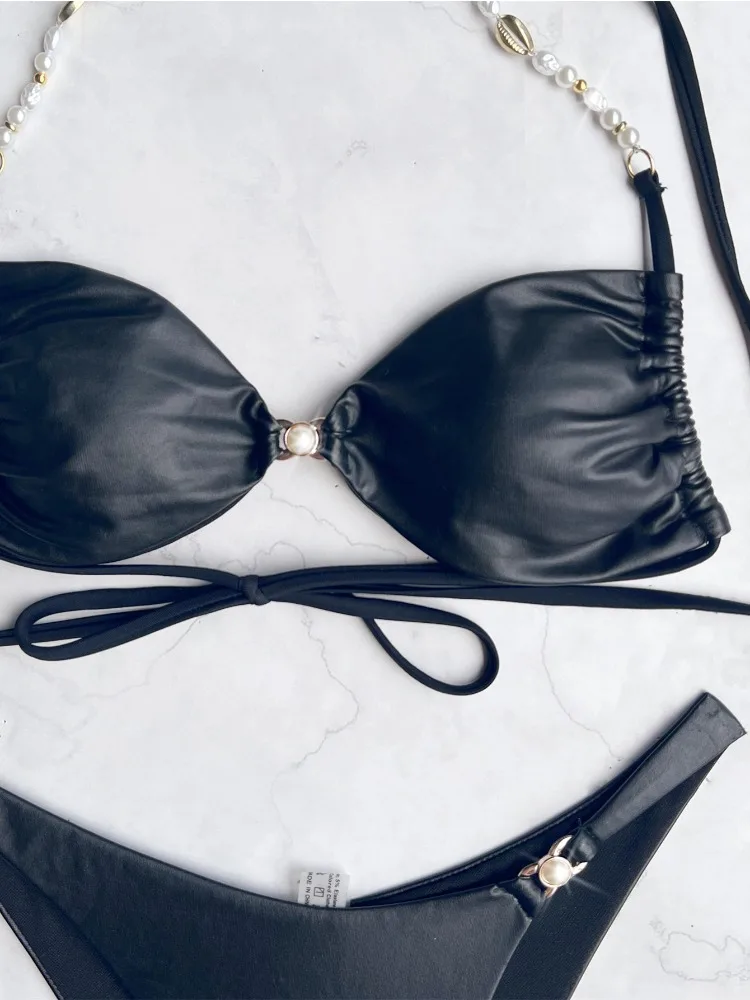 Conjunto de bikini para mujer, traje de baño negro sexy con cuello halter triangular, traje de baño de 2 piezas para playa de verano 2025, traje de baño sin espalda con tirantes
