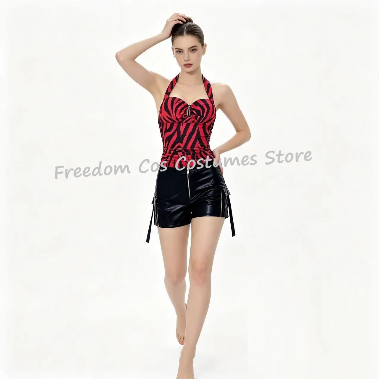 Movie Obsession Movie Nikki Cosplay Red Black Zebra Print Halter Sexy Top Faux Leather Cargo Shorts Adult Women Halloween suit view 3
