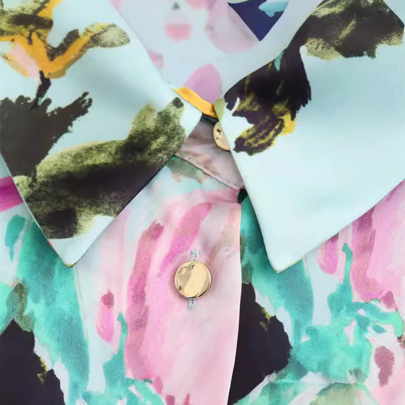 

Spring 2025 Women's Silk Satin Feel irt Floral Print Long Sve Flip Collar PU Material Quali Faion Ladies' Blouse