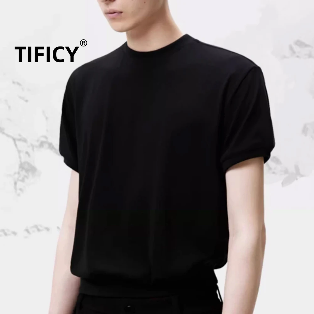 

High Street Tees T Shrits Tops Men's Slim Fit Ribbed Waistband Elastic Short Sleeved Versatile Short Fitting Streetwear T-shirt