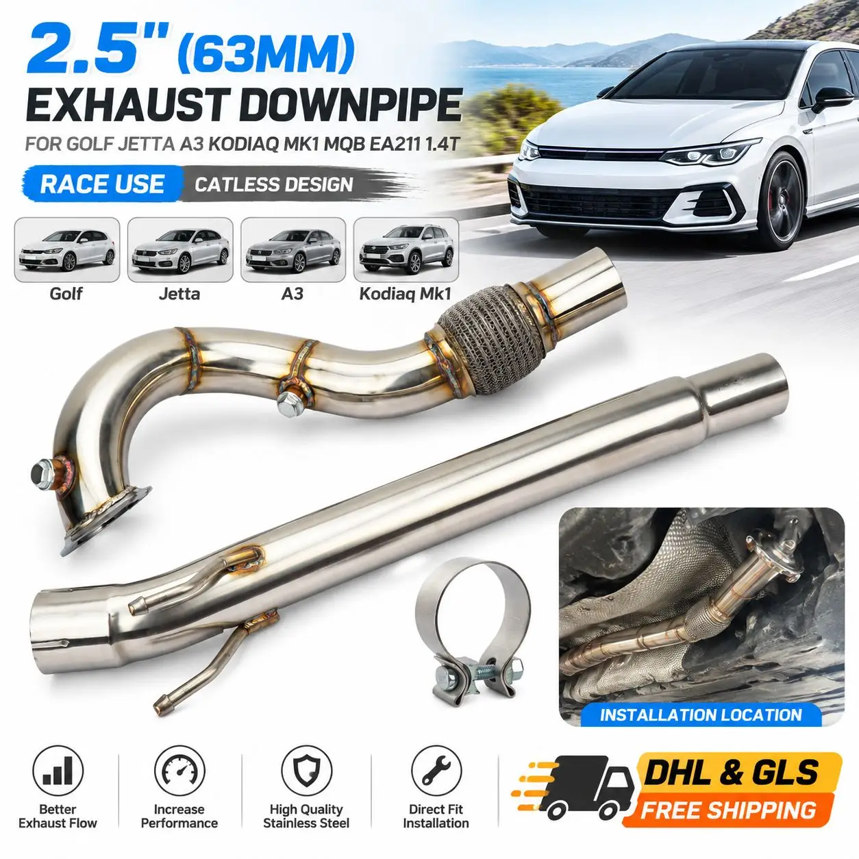 Image of 2,5-Zoll-Auspuff-Downpipe für VW Golf Jetta, Audi A3, Skoda Kodiaq Mk1 MQB EA211 1.4T Motor, Racing 63mm katalysatorlose Downpipes