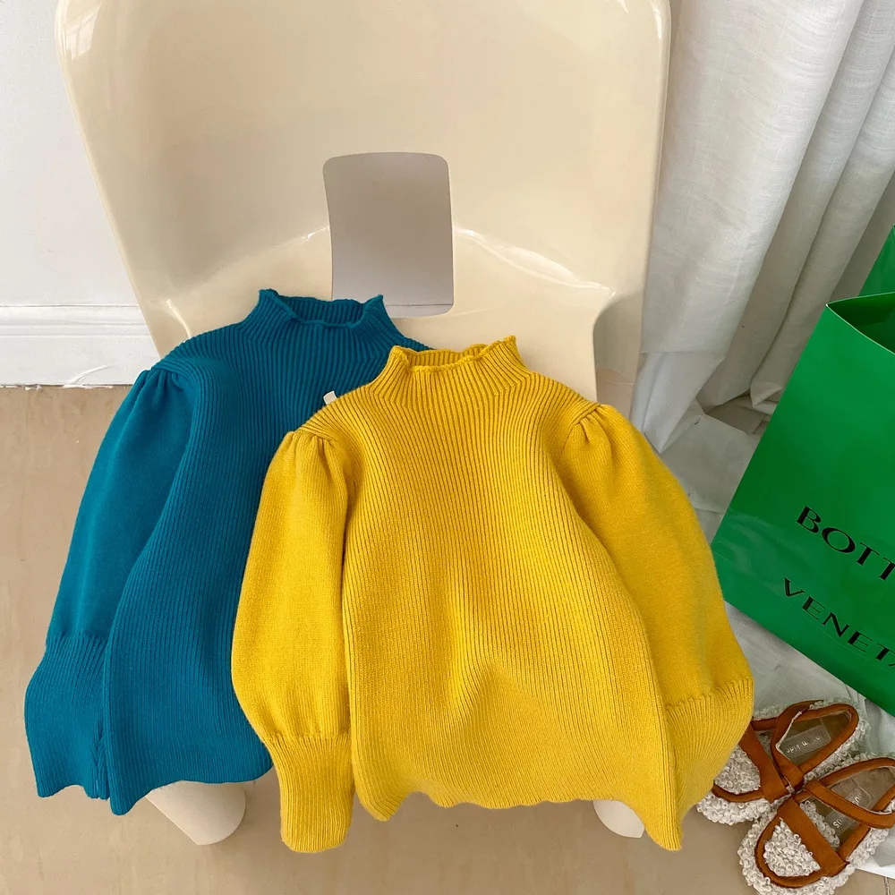 Autumn Spring Children Girl Sweater Cotton Bubble Sleeve Infant Baby Girl Knitwear Versatile Solid Toddler 2-10Y Girl Underhsirt image 2