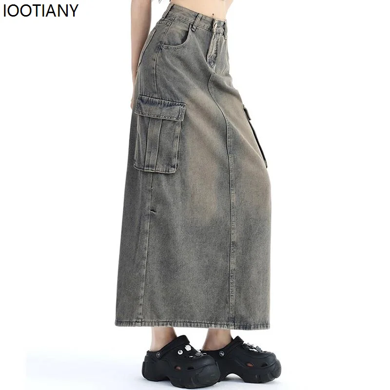 

Women's New High Waist Harajuku Denim A-line Skirt Korean 90s Casual Slit Maxi Skirt Women Blue Y2k Work Skirt Denim Skirt