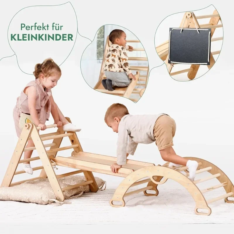 Children's indoor solid wood climbing frame three-piece indoor playground climbing toy solid wood color with slide