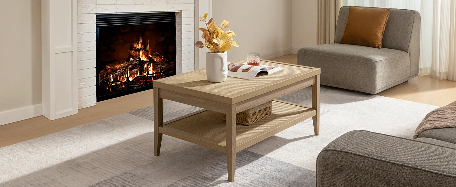 Light oak coffee table styled in Japandi interior layout