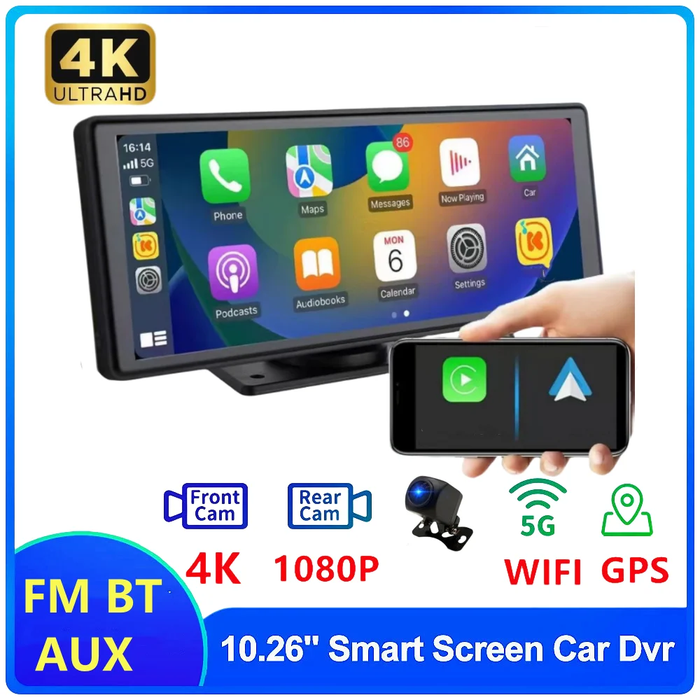 10.26 Inch Dash Cam Rearview Camera Wifi Carplay & Android Auto 4K DVR GPS Navigation Video Recorder Car Dvr Mirror Dual Len AUX