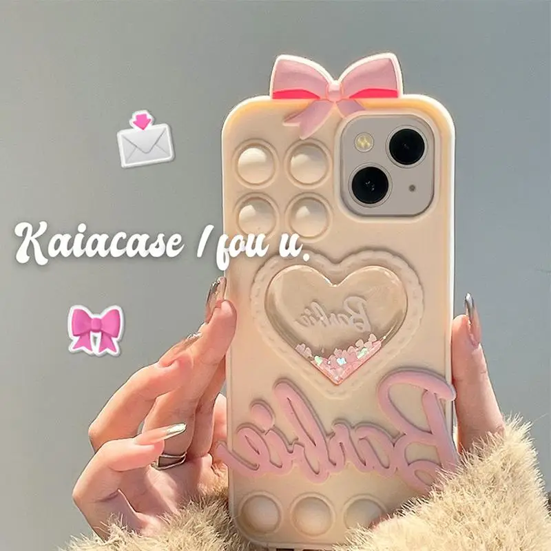 Anime Cartoon Barbie Unpack Pinch Phone Case Kawaii Sweet Cute Love Bow Beige White Pink Rose Red Silicone Iphone Case Gift