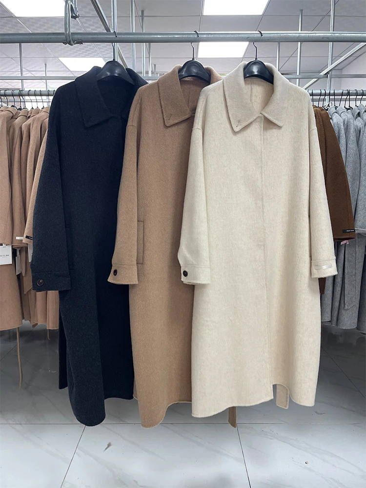 

Новое зимнее винтажное длинное кашемировое шерстяное пальто, женское темпераментное толстое пальто с лацканами и длинными рукавами, осенняя двусторонняя куртка ручной работы