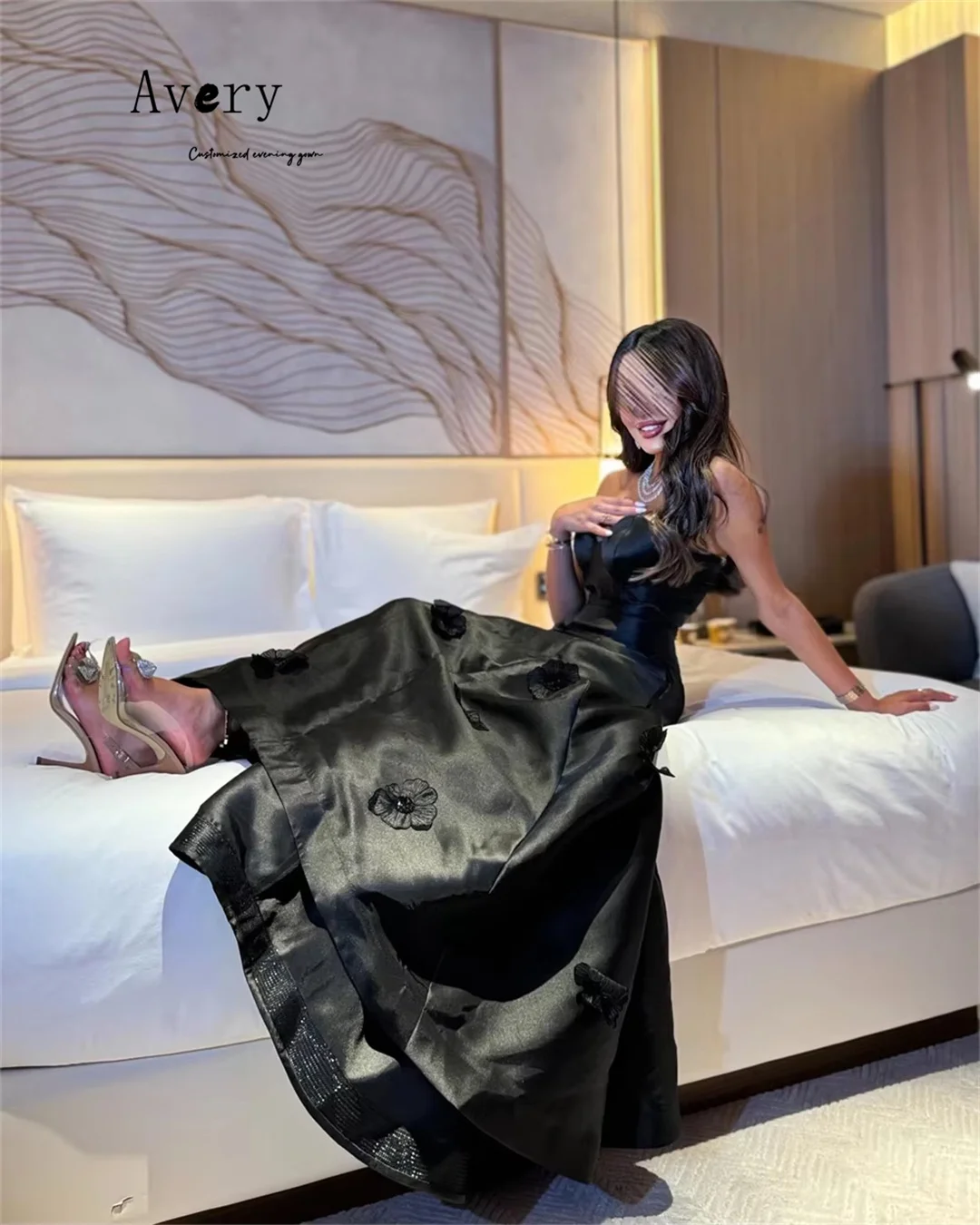 Avery personalizado negro cariño fuera del hombro flor elegante vestidos de cóctel 2025 mujer vestido de noche de lujo vestido de fiesta lujoso