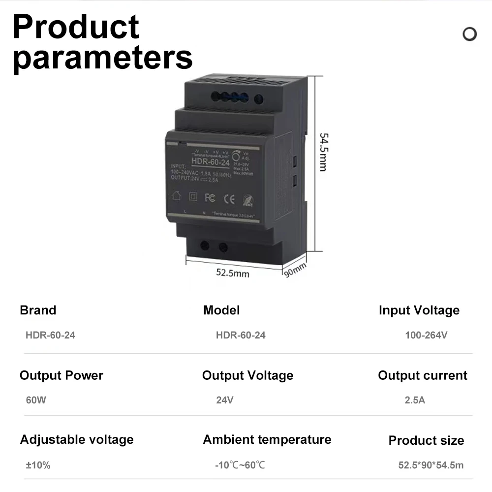 HDR Series DIN Rail Switching Power Supply 100-240VAC 15W 30W 60W 100W AC to DC Voltage 5V 12V 24V 48V 0-7.1A SMPS