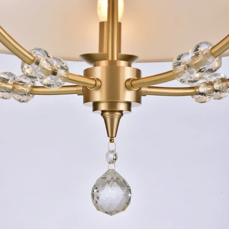 Elegant Copper and Crystal Fabric Chandelier E27 Hanging Light Stylish Ceiling Lamp for Living Room Bedroom and Study Decor