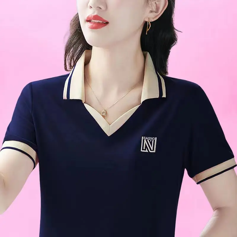 Summer Women Solid Color Lapel Collar Casual Short Sleeved Embroidery Contrasting Colors Polo Shirt Loose Appear Thin T-shirt