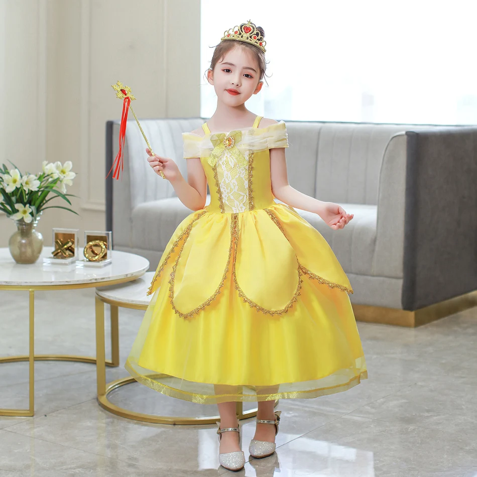 Vestido de princesa bella LED para Halloween, fiesta de cumpleaños de malla para traje de baile, Carnaval de Navidad, ropa en capas para niña