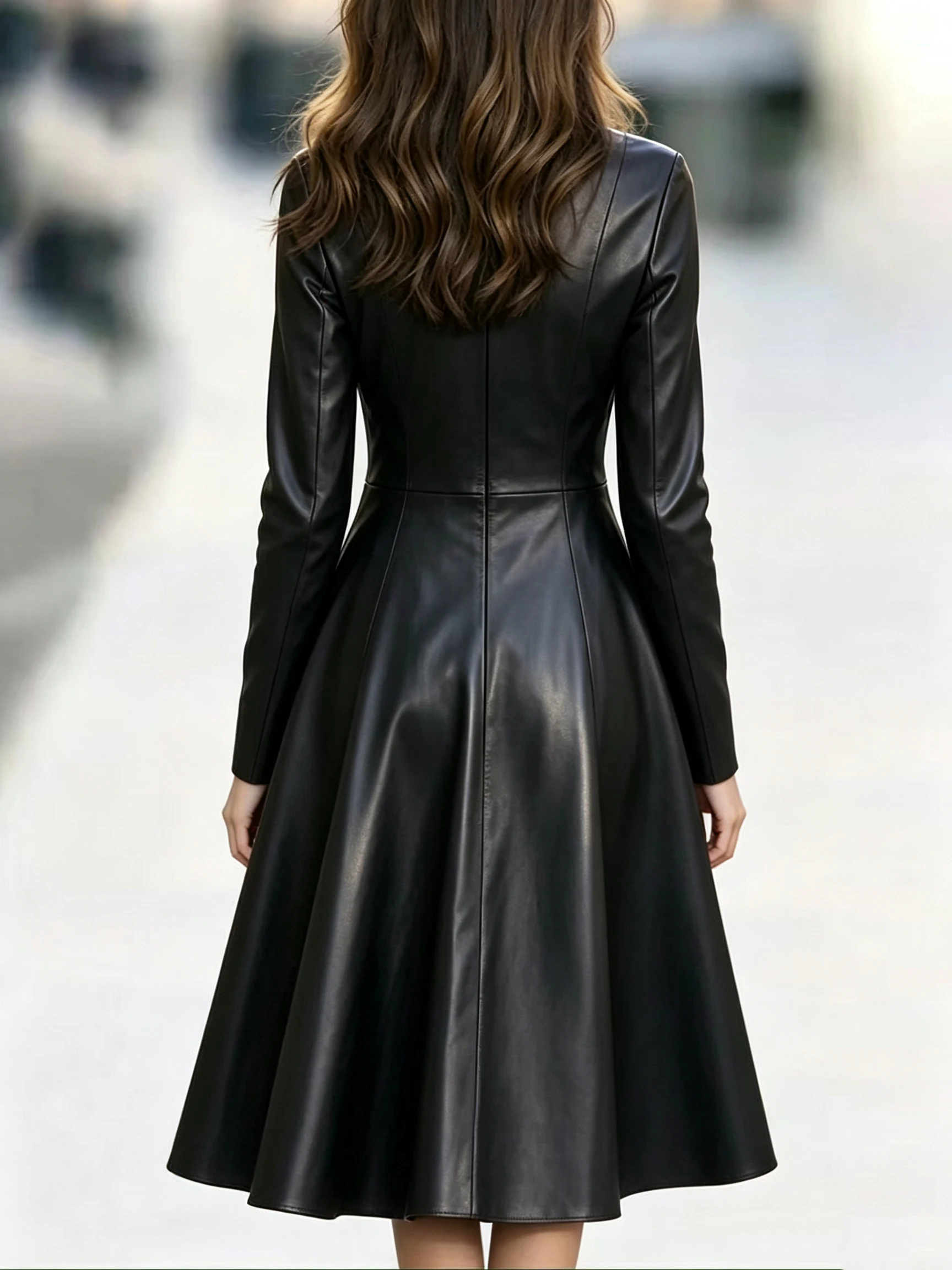 Neue schmale Langarm-Kleider für Damen, Stehkragen, Damenkleid aus PU-Leder, A-Linien-Kleid, Damen-Sommerkleider Q7231 – Detail 12