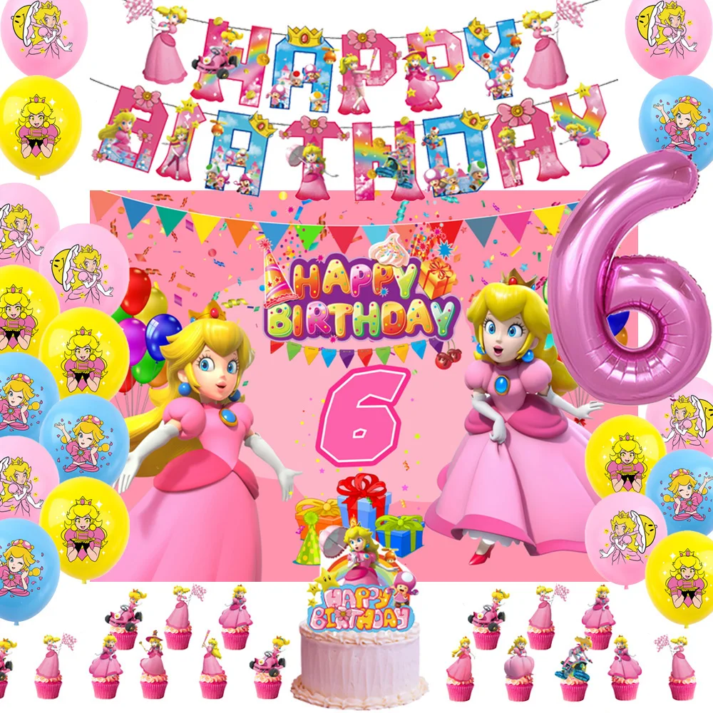 

Cartoon Pink Bow Peach Princess Theme Children Birthday Party Balloon Banner Background Cake Topper Decoration Supply Baby Gifts