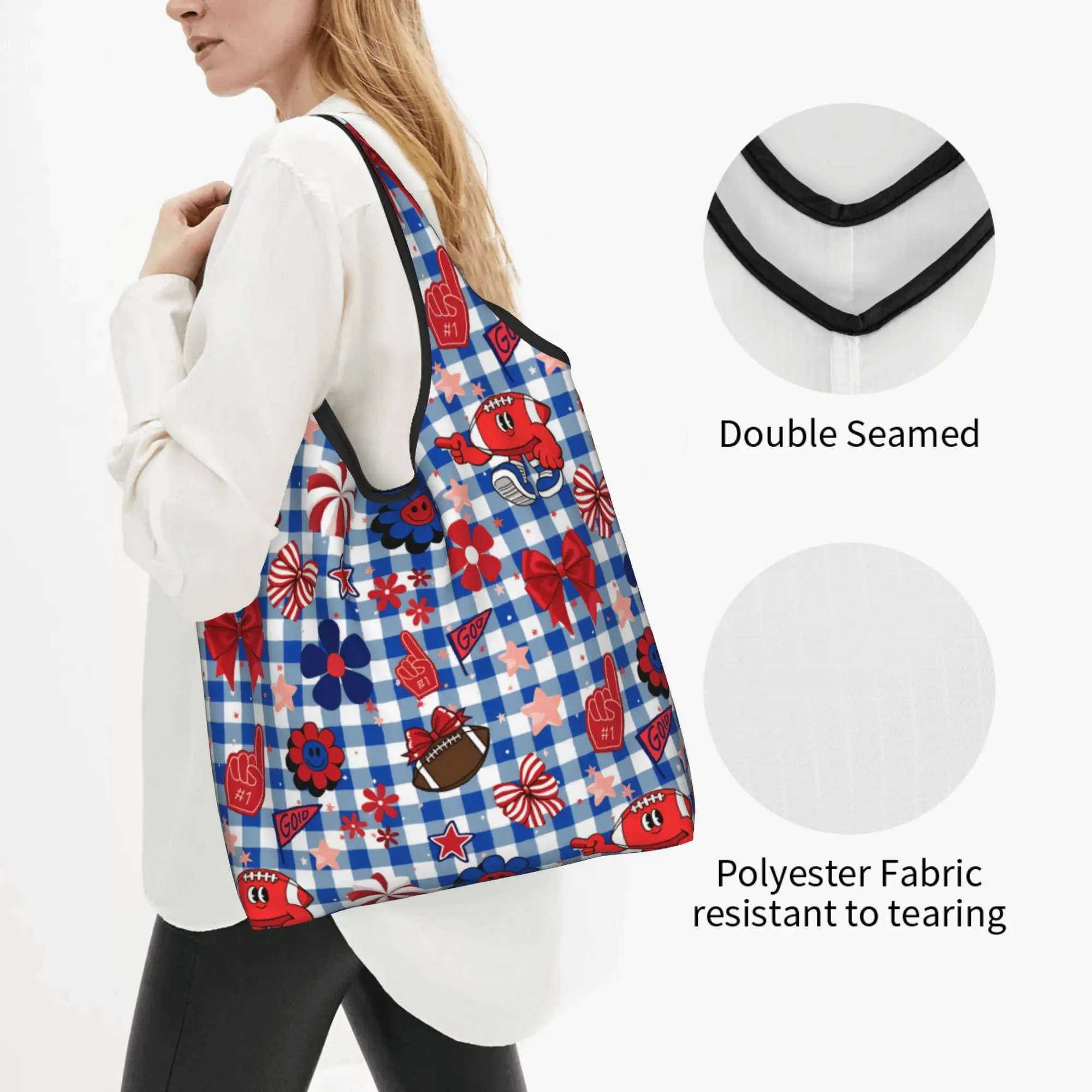 Recycling Gingham Plaid Rugby Union Cheer Bows Football  Shopping Bag Women Tote Bag Portable  Groceries Shopper Bags