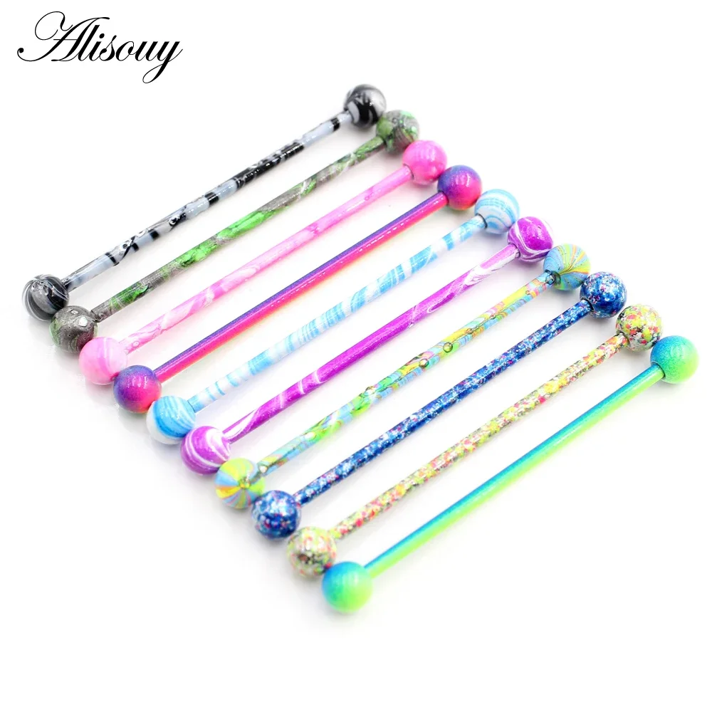 Alisouy 2PC Long Straight Stainless Steel Ball Earring Piercing Industrial Barbell Bar Scaffold Ear Cartilage Helix Jewelry