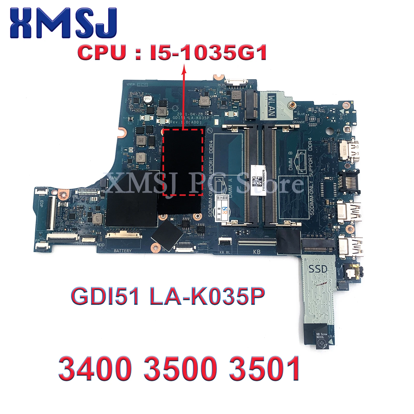 

FOR Dell Inspiron 3400 3500 3501 Laptop Motherboard I5-1035G1 CPU GDI51 LA-K035P 0DT41 CN-0P80C0 Mainboard Full Test