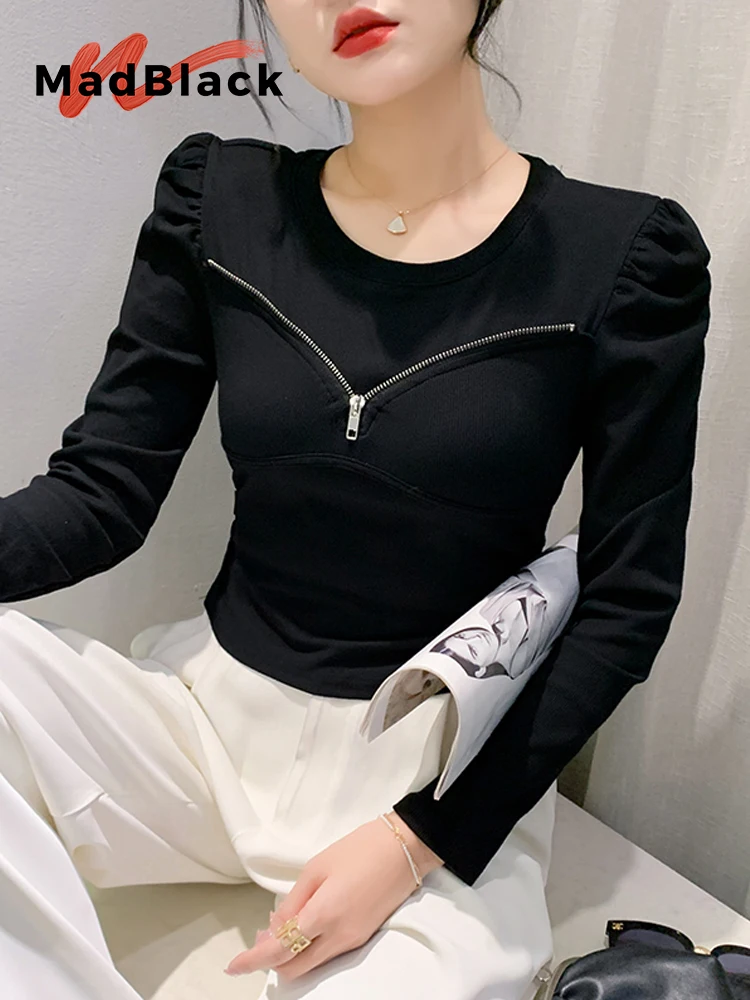 

MadBlack European Clothes Tshirts Women Sexy Zipper Slim Cotton Top Long Puff Sleeve Elastic Tee Autumn Spring New T38617JC