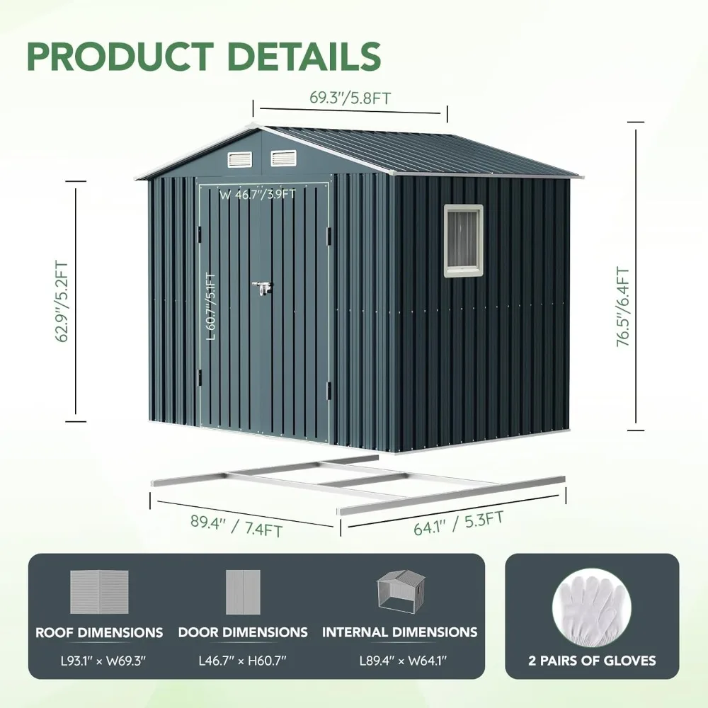 6X8X6.4FT Outdoor Steel Storage Shed with Lockable Doors, Frame Floor (No Wood/Other Boards),One Clear Window