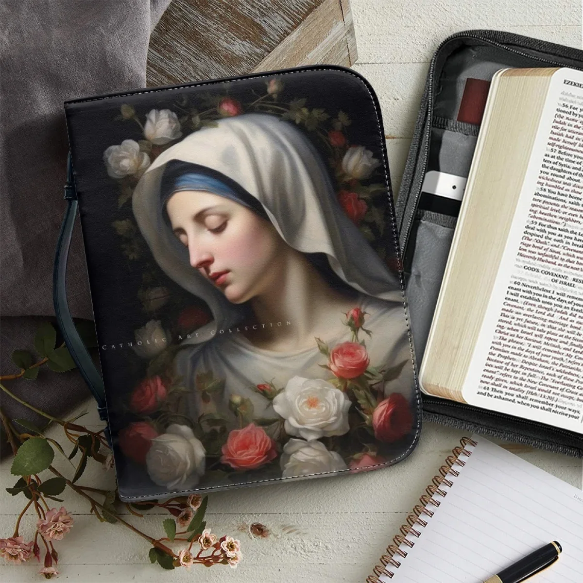 

Fashion New Bible Cover Case for Women Hot Virgin Mary Pattern Print Handbags Zippered Handle Portable Bible Storage Bags Custom