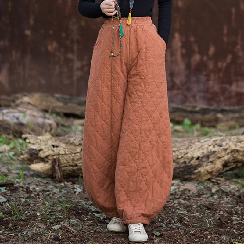 Women's Winter Cotton-Padded Thermal Pants Harlequin Wide Leg Long Pants Loose-Fitting Retro Yoga Pants Lantern Pants Padded Cot