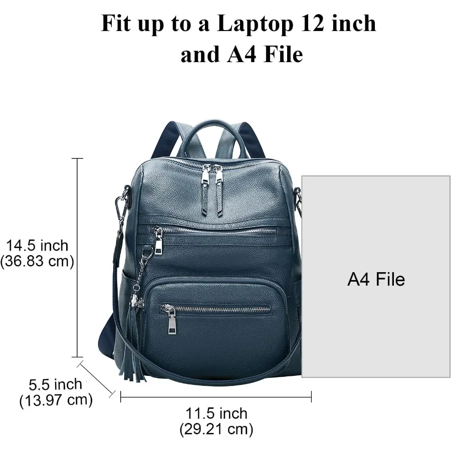 ALTOSY حقيبة ظهر من الجلد الطبيعي للنساء حقيبة كتف كبيرة مع حجرة كمبيوتر محمول جيوب متعددة S106 أزرق نيلي