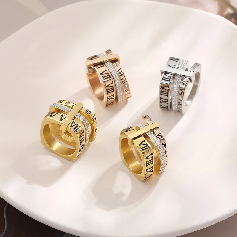 

French Three Layers Roman Numeral Women's Rings Knuckle Gold Silver Color Stainless Steel Rings For Ladies Wedding Bands Jewelry