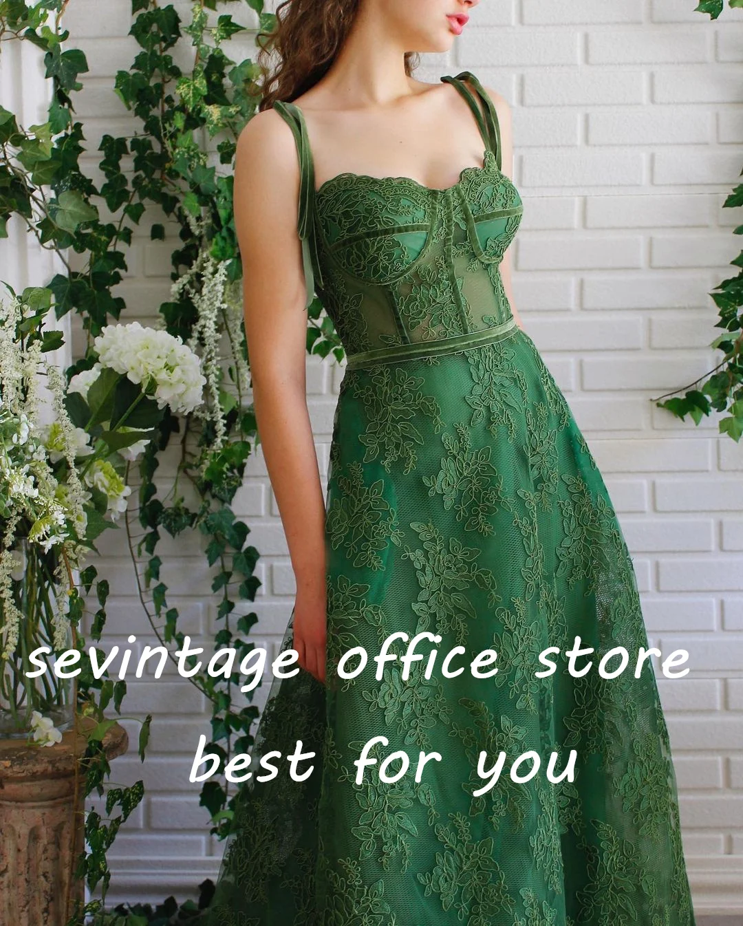 Sevintage Green Tulle abiti lunghi da ballo maniche a sbuffo Appliques di pizzo a-line abiti da sera abito da festa formale con tasche 2022