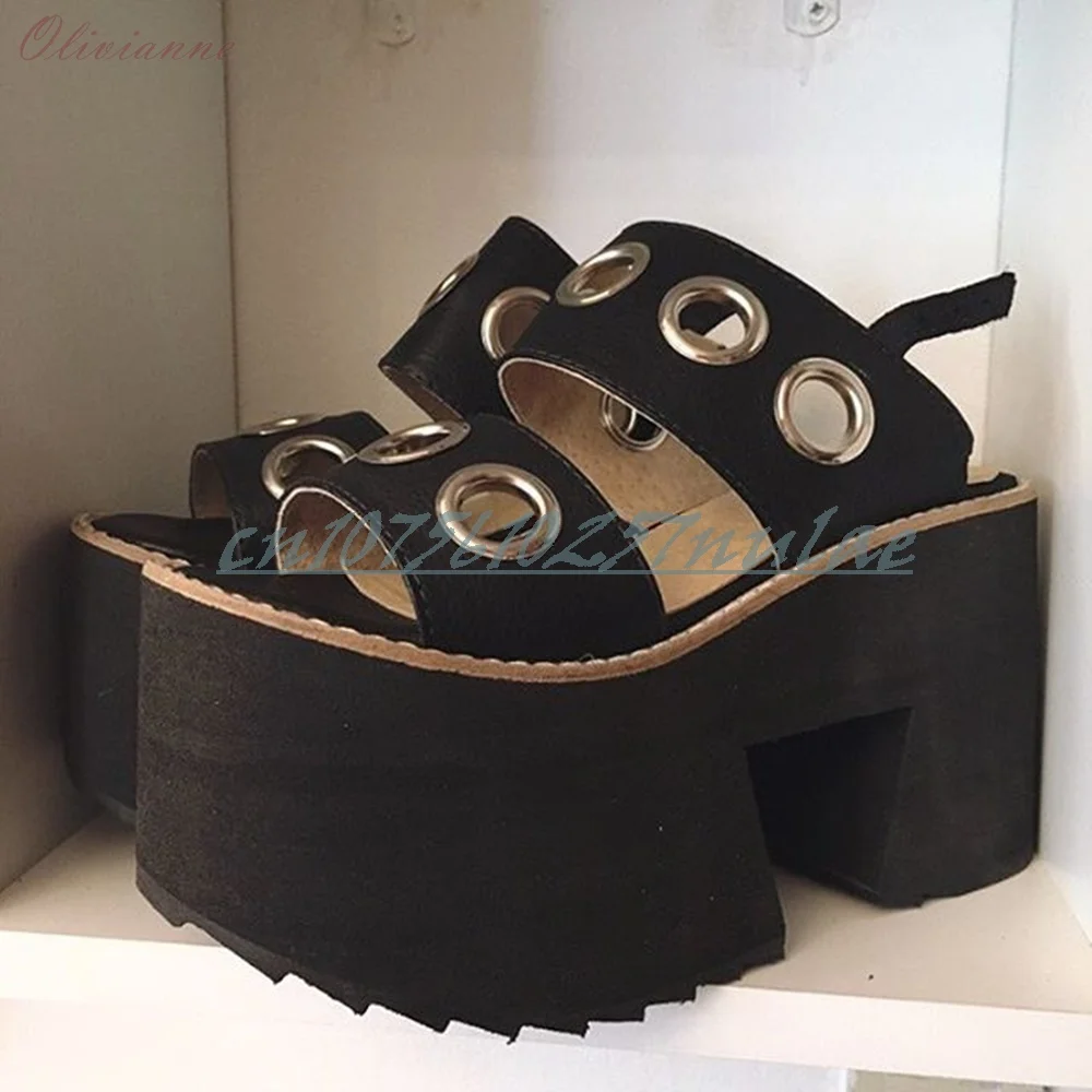 

Black Metal Round Rings Thick Soled Sandals Open Toe Hollow Design Chunky High Heel Fashion Platform Cool 2026 Summer Shoes