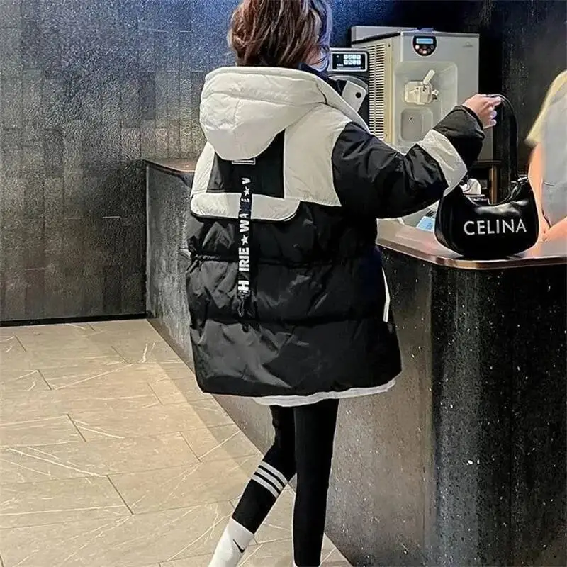 

Черная куртка-паркер средней длины, женская зима 2025, новая корейская версия, свободное пуховое хлопковое пальто с капюшоном, теплый топ