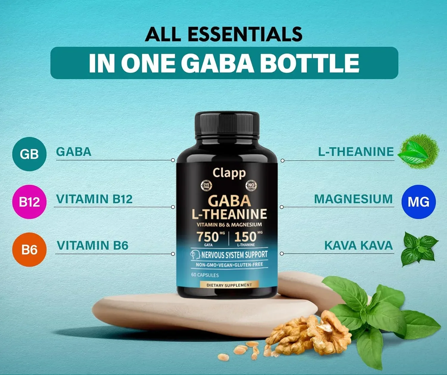 GABA que contiene suplemento de Teanina 750mg, suplemento de Liposome GABA altamente biodisponible, 60 cápsulas para adultos