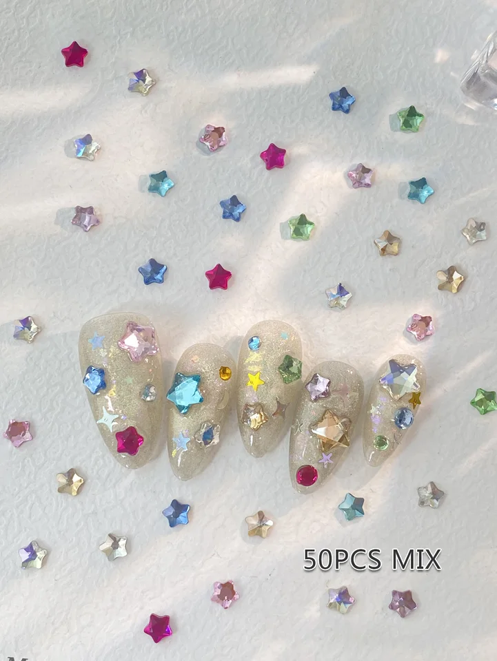 50pcs Estrellas Mixtas 4MM/6MM Color Navidad Corea Estilo 3D Lindas Decoración para Uñas 2