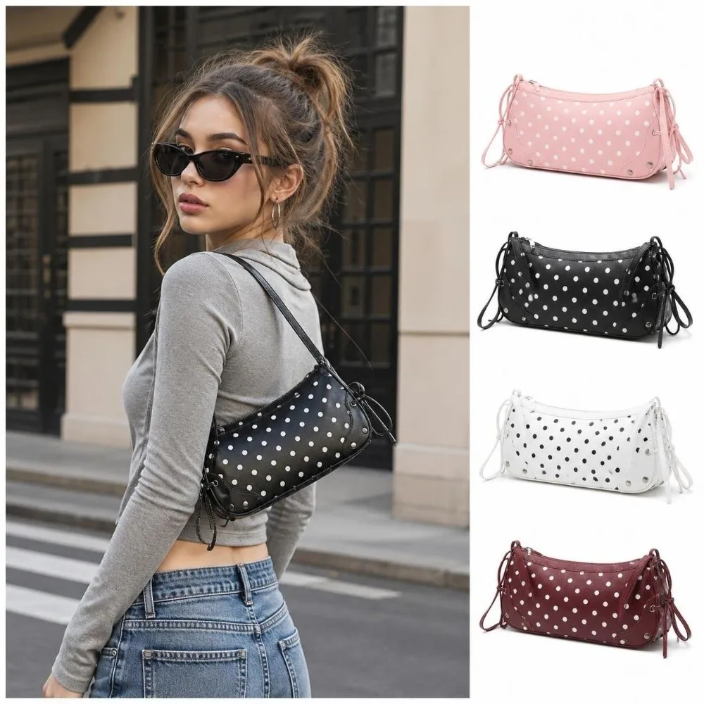 Casual PU Leather Shoulder Bag Polka Dot Pattern Y2K Underarm Bag Bow Decor Women Handbag