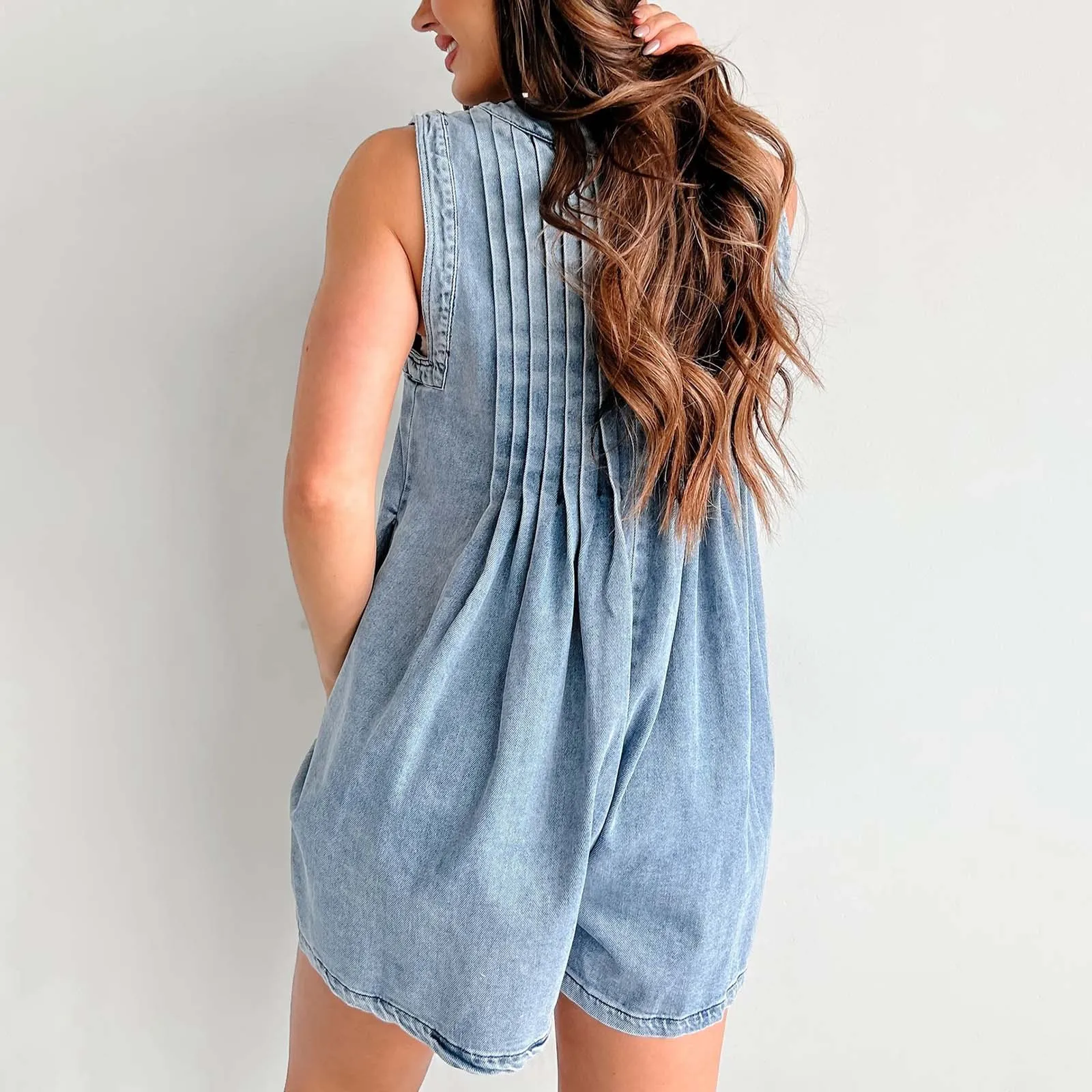 Women's Blue Sleevelss Jeans Jumpsuit Shorts Fashion Deep V Lace Up Loose Casual Romper Short Pants With Pockets Summer Overall