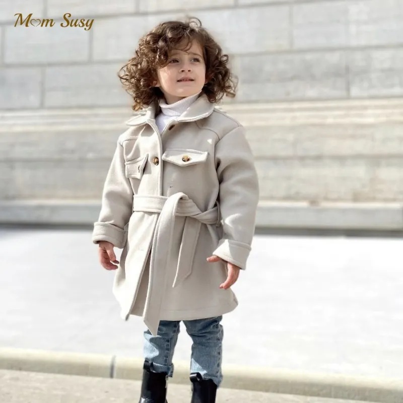 

Fashion Baby Boy Girl Woolen Jacket Long Infant Toddle Waist Belt Coat Spring Autumn Child Outwear Baby Clothes 1-7Y