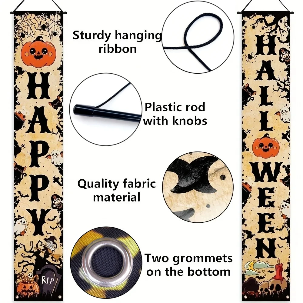 Happy Halloween Vertikales Verandabanner-Set Vintage Kürbis Geist Spinne Totenkopf Fledermaus Türdekorationen für Halloween Hängedekorationen – Detail 2