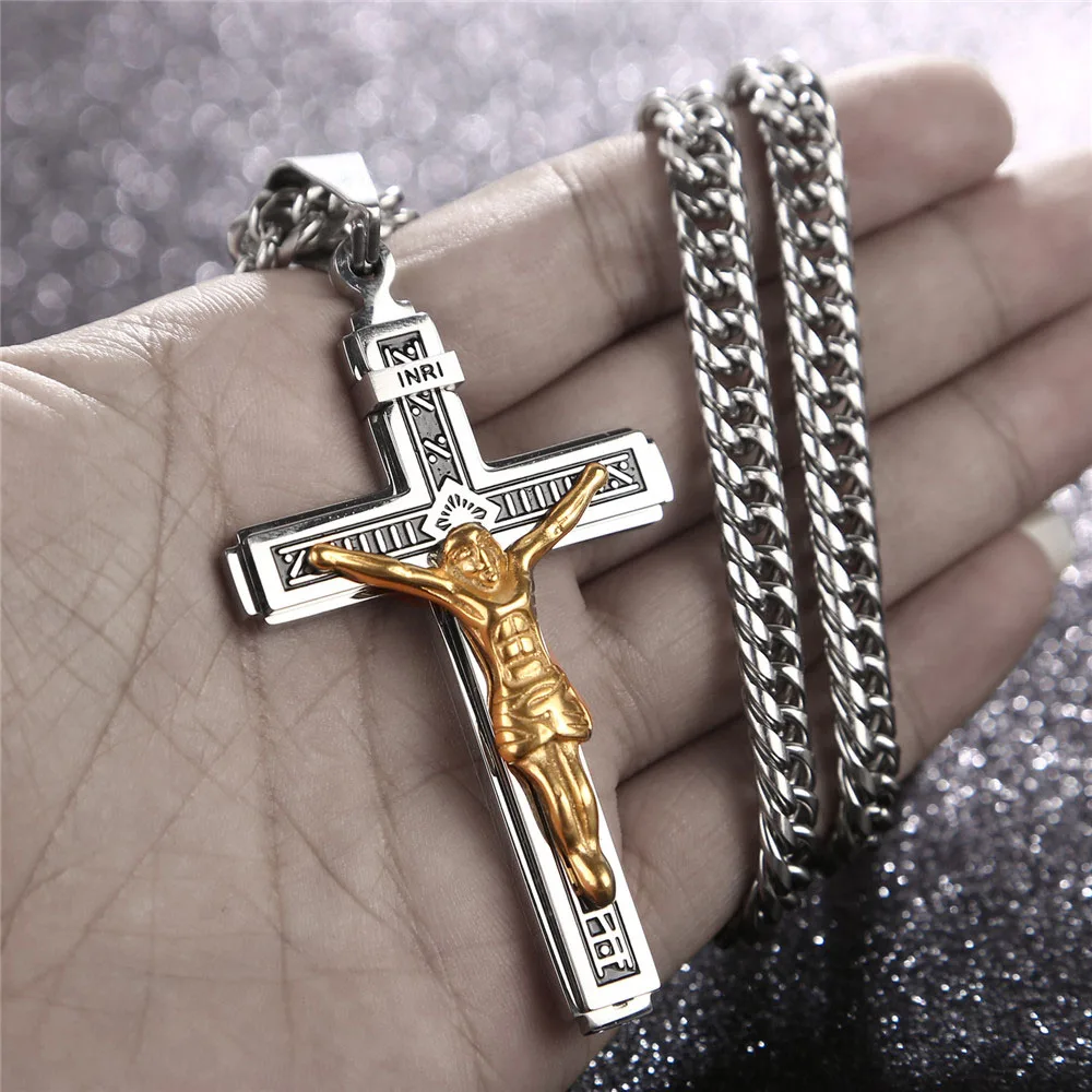 

316L Stainless Steel Charm Fashion Crucifix Jesus Cross Necklace Pendant Multilayer Jesus Christ Crucifix Necklaces 24''