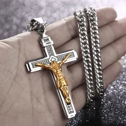 316L Stainless Steel Charm Fashion Crucifix Jesus Cross Necklace Pendant Multilayer Jesus Christ Crucifix Necklaces 24''