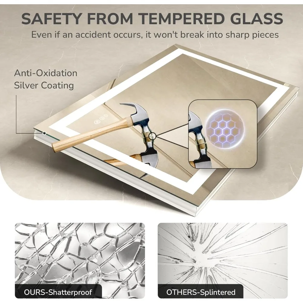 Espelho de banheiro de vidro temperado retroiluminado LED sem moldura de 48 x 36 polegadas com iluminação de vaidade