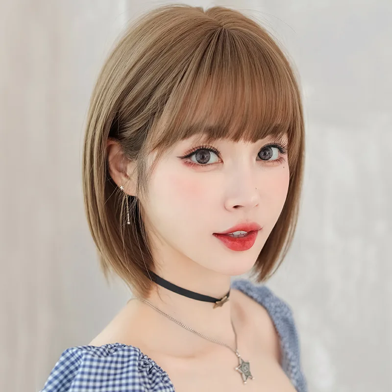 Women's short hair wig, fashionable round face full wig with bangs, bob style wig