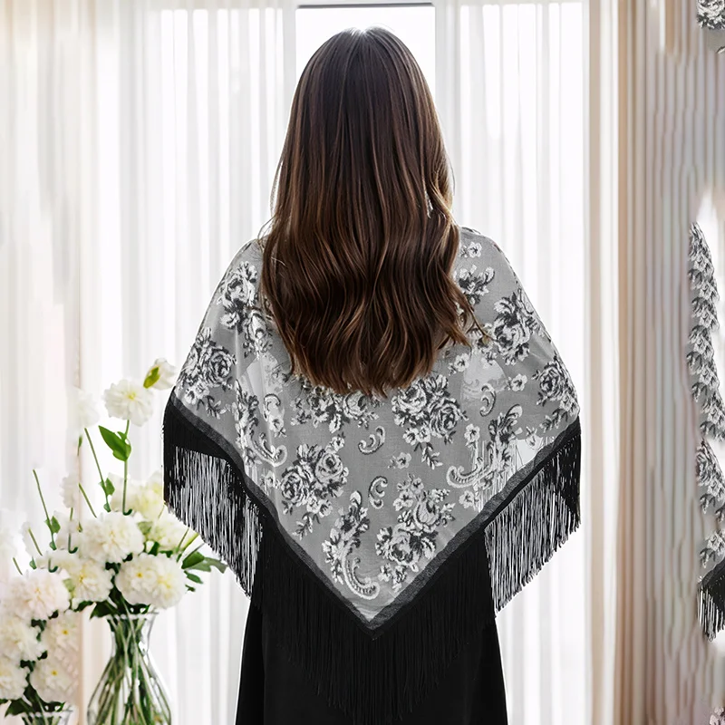 Velvet Printed Floral Lace Scarf Triangle Tassel Shawl Elegant Ladies Summer Solid Color Shiny Scarves Fashion Cape 136*70cm