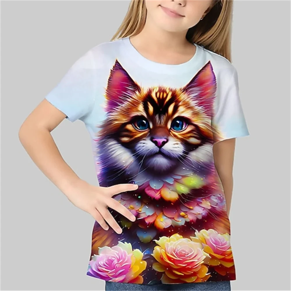 

Colorful Cat Girl Clothes 3D Print 2025 Kids Clothes Fashion Round Neck Kids T-Shirts Outdoor Casual Kawaii Animal Girl Clothing